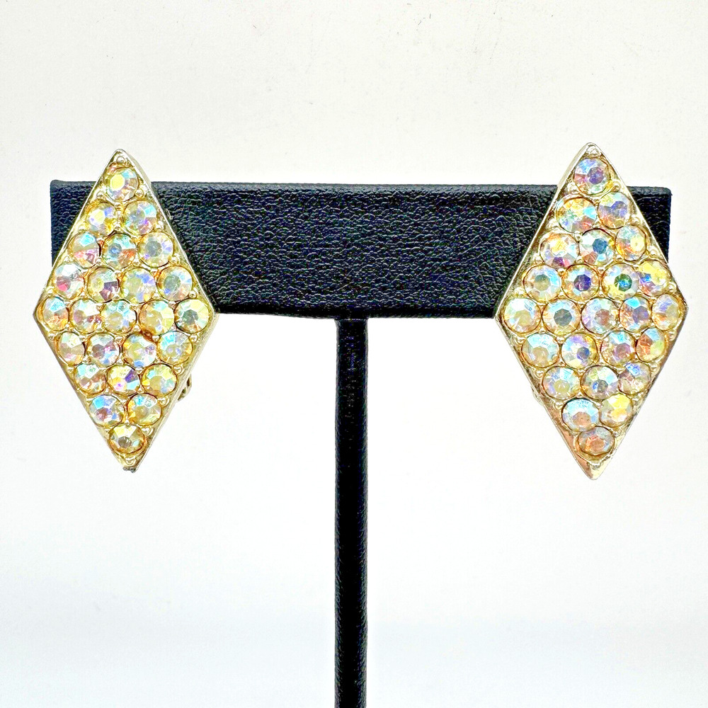 Vintage AURORA BOREALIS AB Rhinestone Earrings Diamond Clip On 50s 60s Retro
